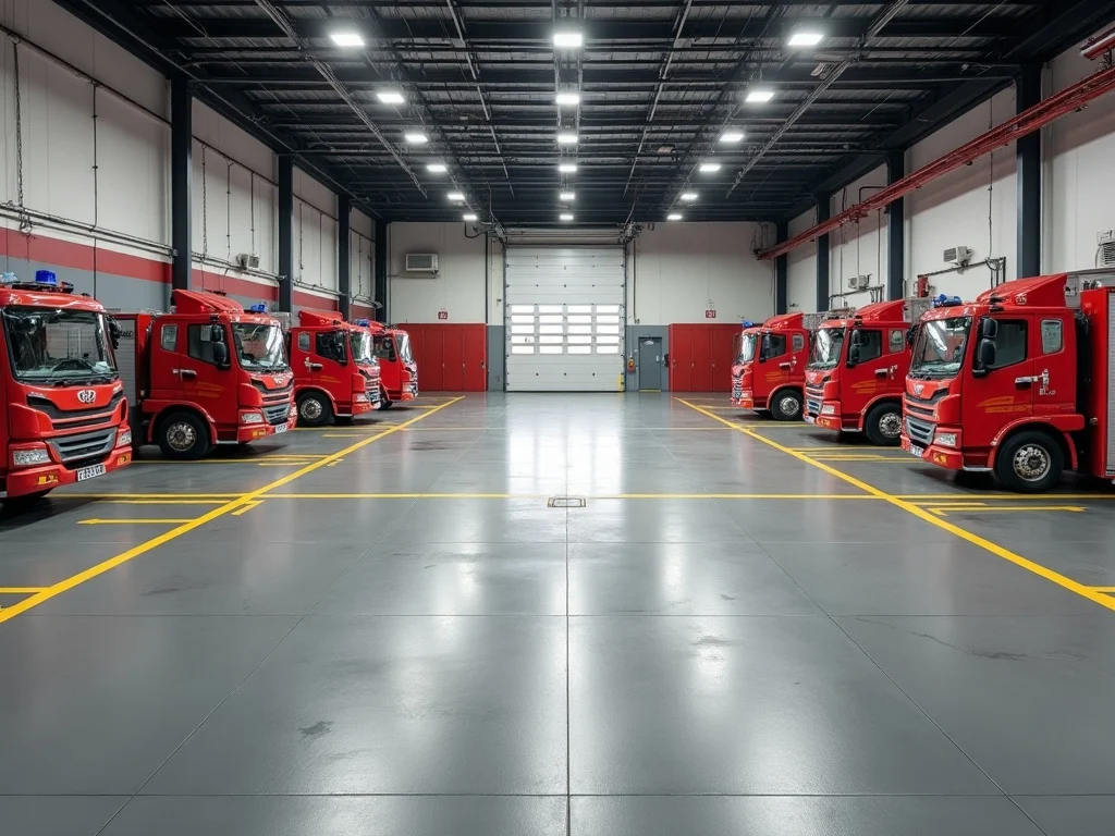 Feuerwehr-Fahrzeughalle mit gefliestem Boden und Stellplatzmarkierung